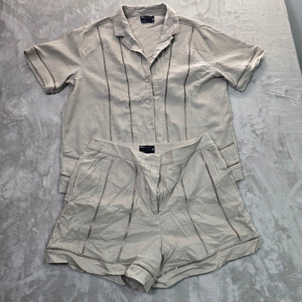 ASOS DESIGN Linen Blend Ladder Stitch Shirt and Shorts Set Beige US 12